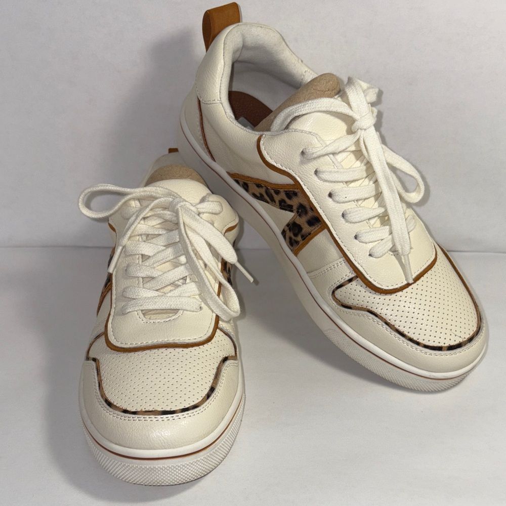 Mia Cream and Brown Sneakers with Leopard Accent Casual Comfort Preppy Versatile